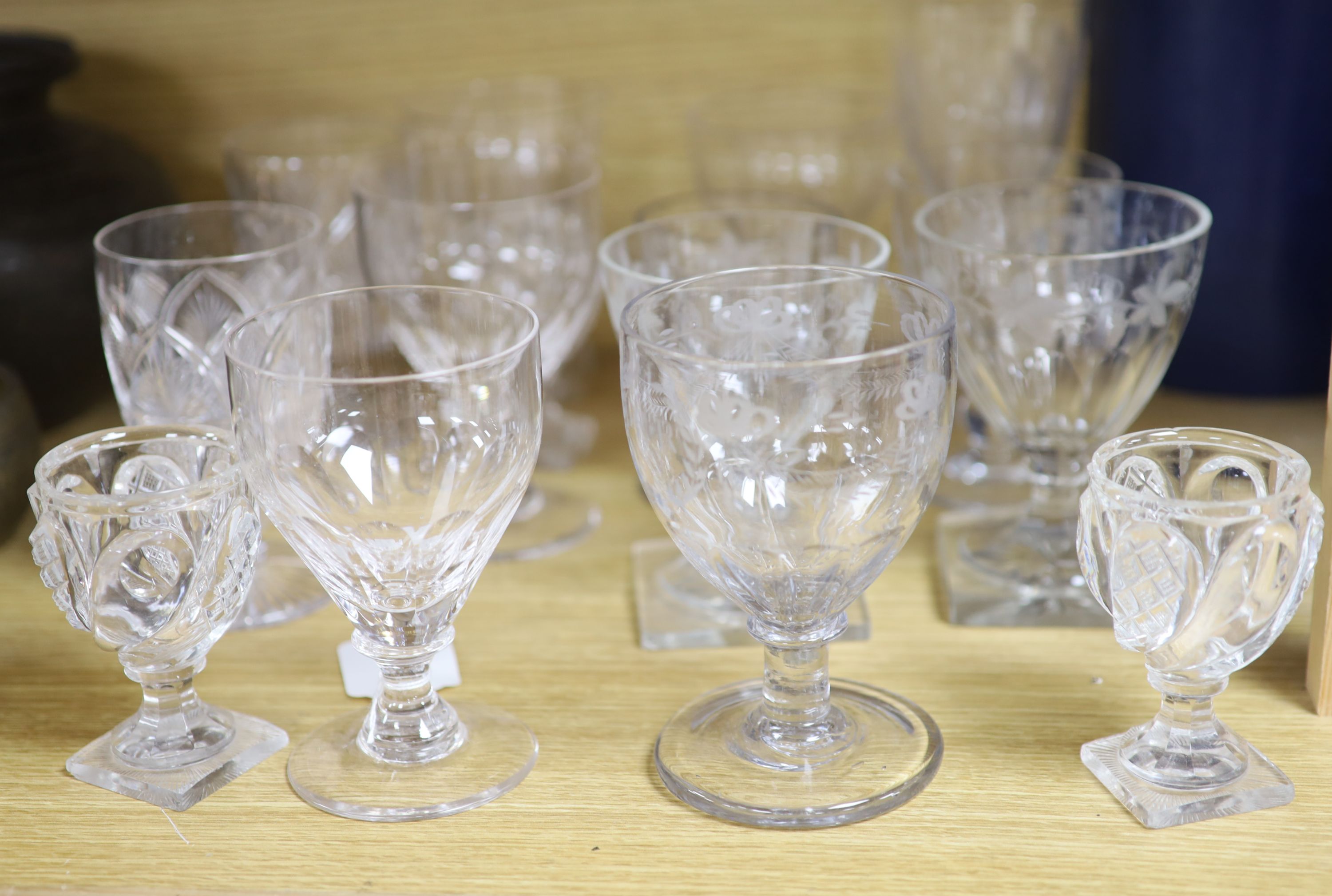 Fifteen various glass rummers and drinking glasses